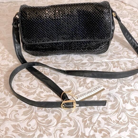 Whiting & Davis Crossbody Handbag Black Leather & Mesh Thick Adj Strap NWT - Picture 2 of 8